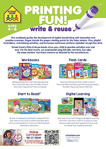 School Zone - Printing Fun! Write & Reuse Workbook - Ages 4 to 6, Preschool to Kindergarten, Tracing Letters, Pre-Writing, Wipe Clean (School Zone Write & Reuse Workbook)