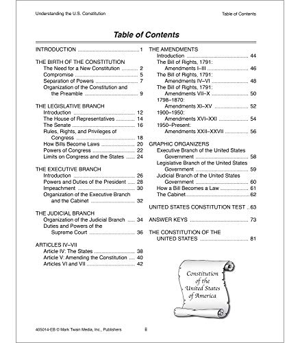 Mark Twain Understanding the US Constitution Grades 6-12 American History Workbook, The Constitution of the United States, Bill of Rights, Government Branches Books, Classroom or Homeschool Curriculum