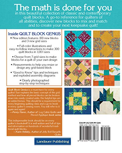 Quilt Block Genius, Expanded Second Edition: Over 300 Pieced Quilt Blocks to Make 1001 Blocks with No Math Charts (Landauer) Mini Quilts, Settings, Sampler Patterns, & Tips to Create Your Own Block