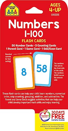 School Zone - Numbers 1-100 Flash Cards - Ages 4+, Preschool, Kindergarten, 1st Grade, Numerical Order, Addition & Subtraction, Odd/Even, Counting, Skip Counting, Grouping, and More