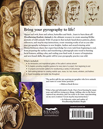 Woodburning Realistic Animals: 12 Step-by-Step Pyrography Projects of Birds, Pets, and Wildlife (Fox Chapel Publishing) Tutorials for Eyes, Fur, Manes, & Whiskers; Projects for Big Cats, Owls, & More